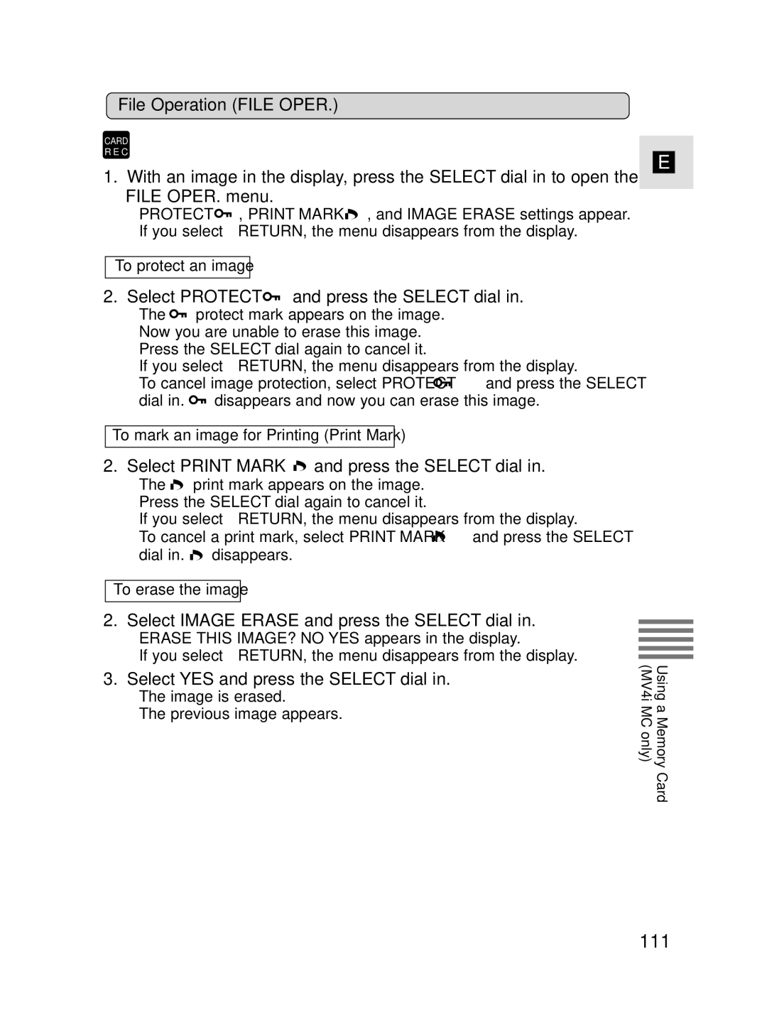 Canon MV4i MC instruction manual 111, File Operation File Oper, Select Print Mark and press the Select dial 