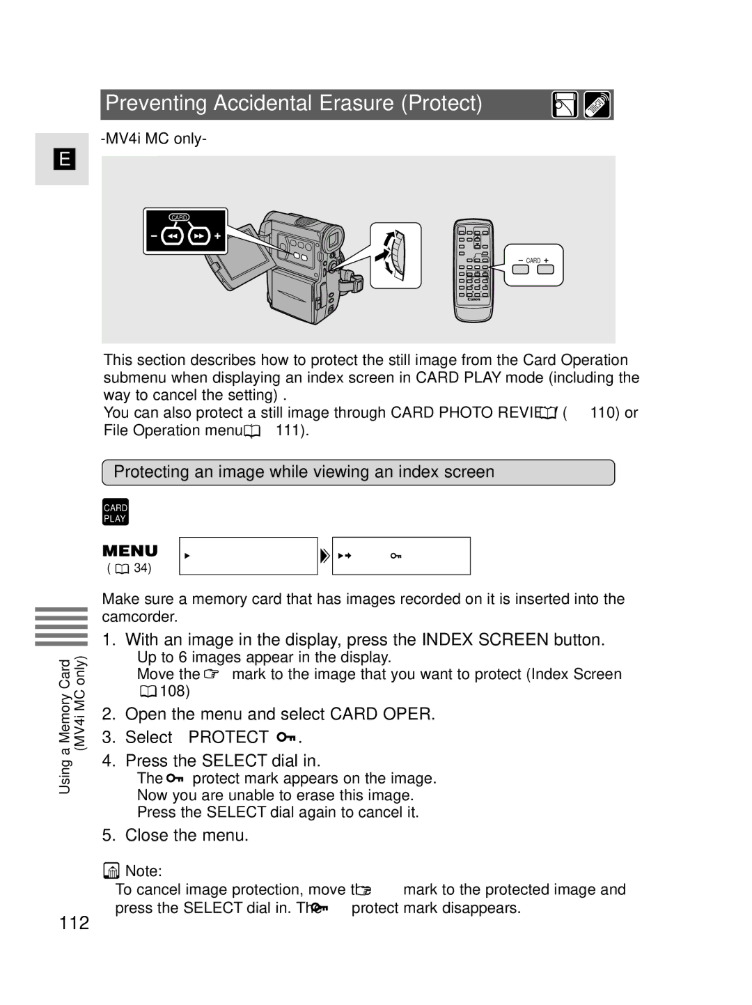 Canon MV4i MC Preventing Accidental Erasure Protect, 112, Protecting an image while viewing an index screen 