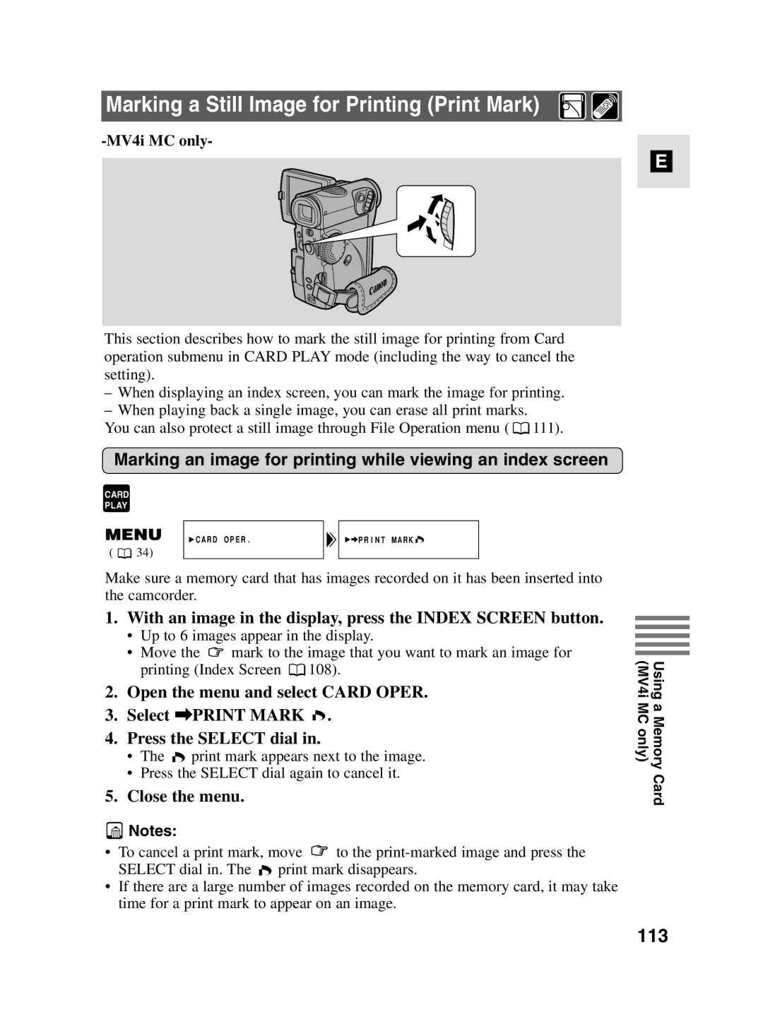 Canon MV4i MC instruction manual Marking a Still Image for Printing Print Mark, 113 