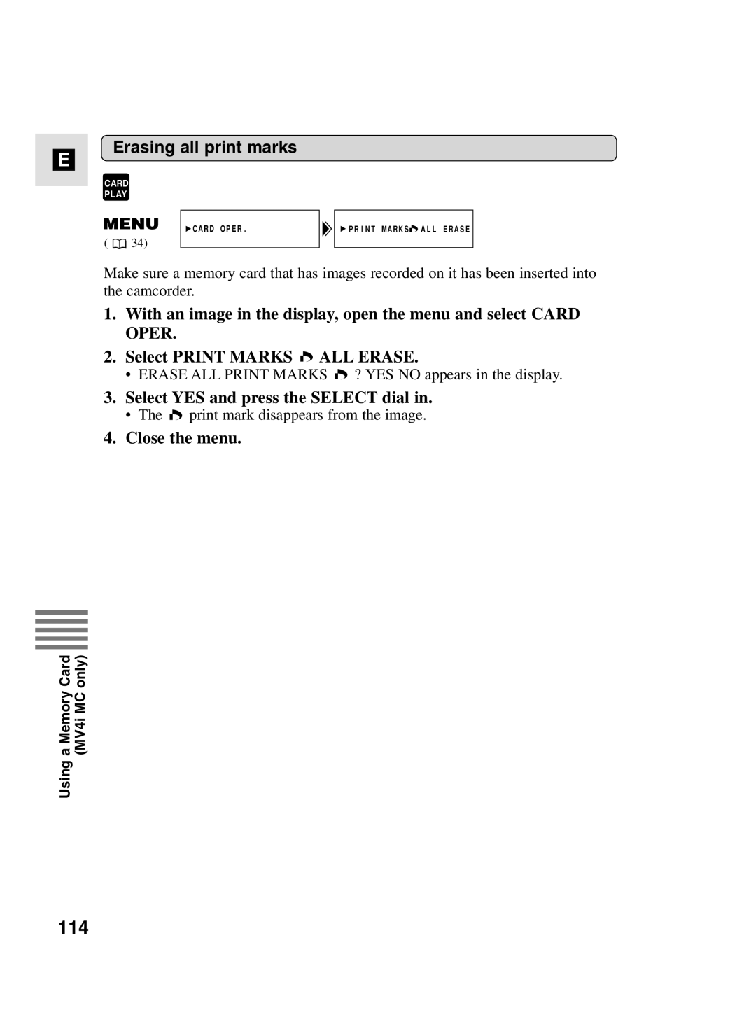 Canon MV4i MC instruction manual 114, Erasing all print marks 