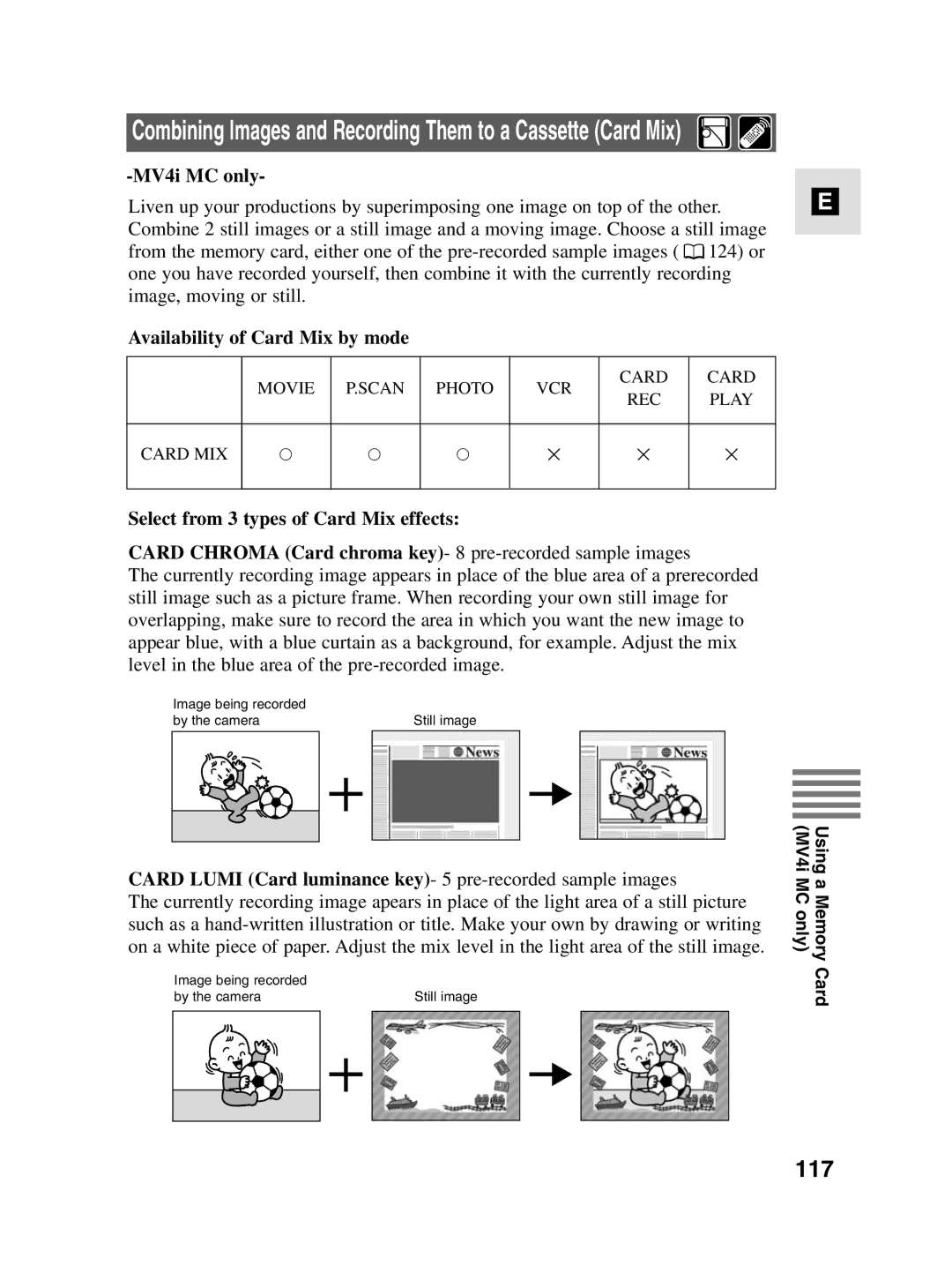 Canon MV4i MC instruction manual 117, Availability of Card Mix by mode, Select from 3 types of Card Mix effects 