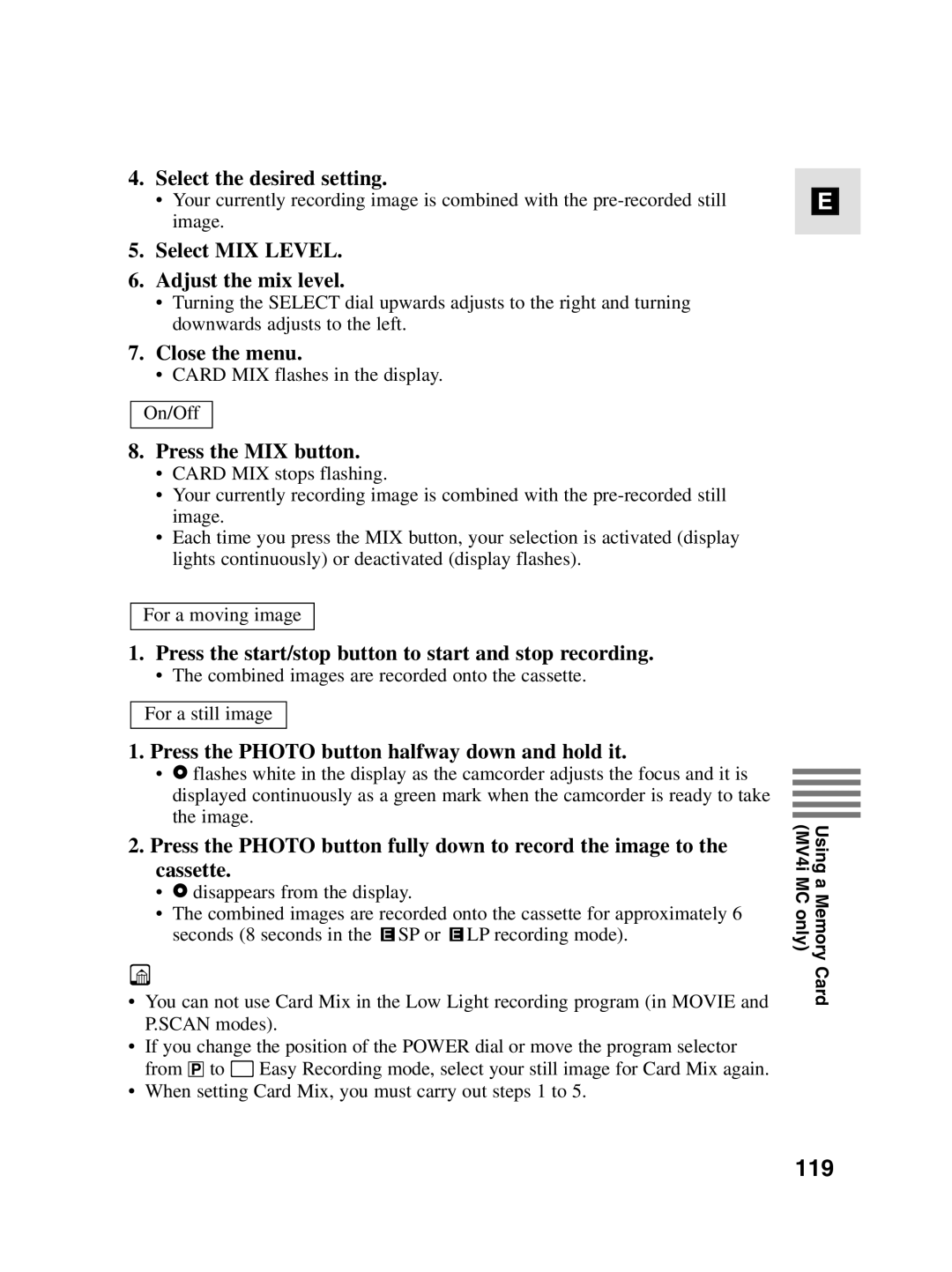 Canon MV4i MC instruction manual 119, Select MIX Level Adjust the mix level, Press the MIX button 