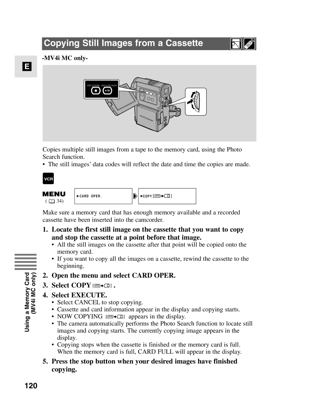 Canon MV4i MC instruction manual Copying Still Images from a Cassette, 120 