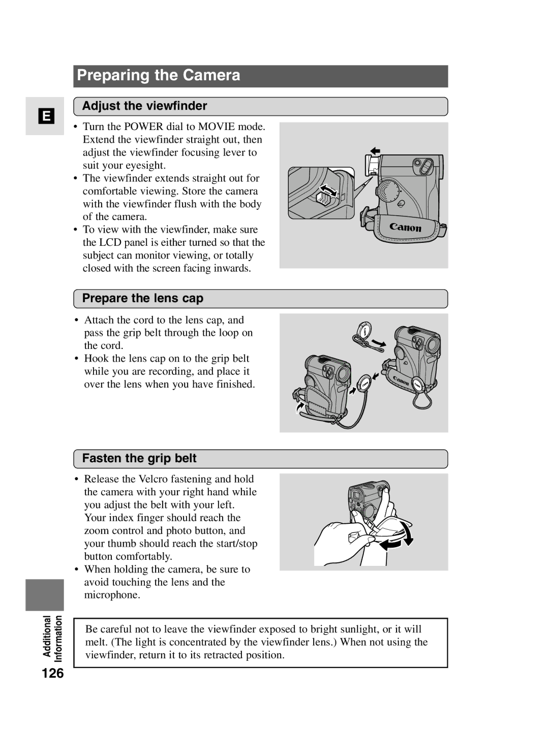 Canon MV4i MC Preparing the Camera, 126, Adjust the viewfinder, Prepare the lens cap, Fasten the grip belt 