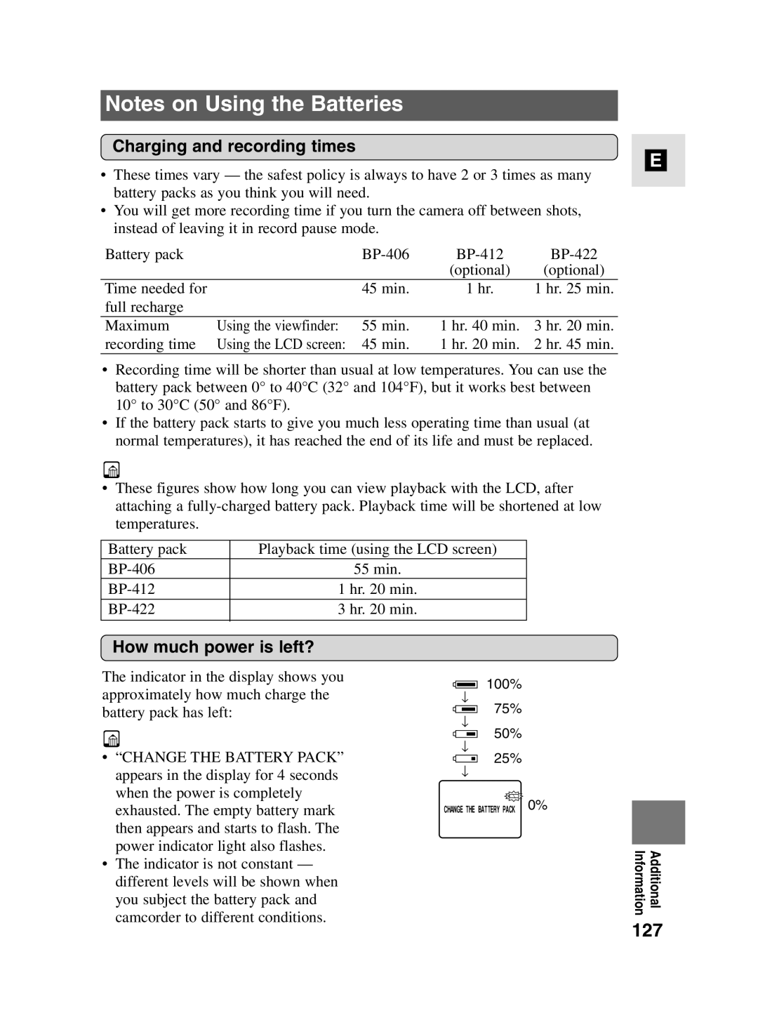 Canon MV4i MC instruction manual 127, Charging and recording times, How much power is left? 