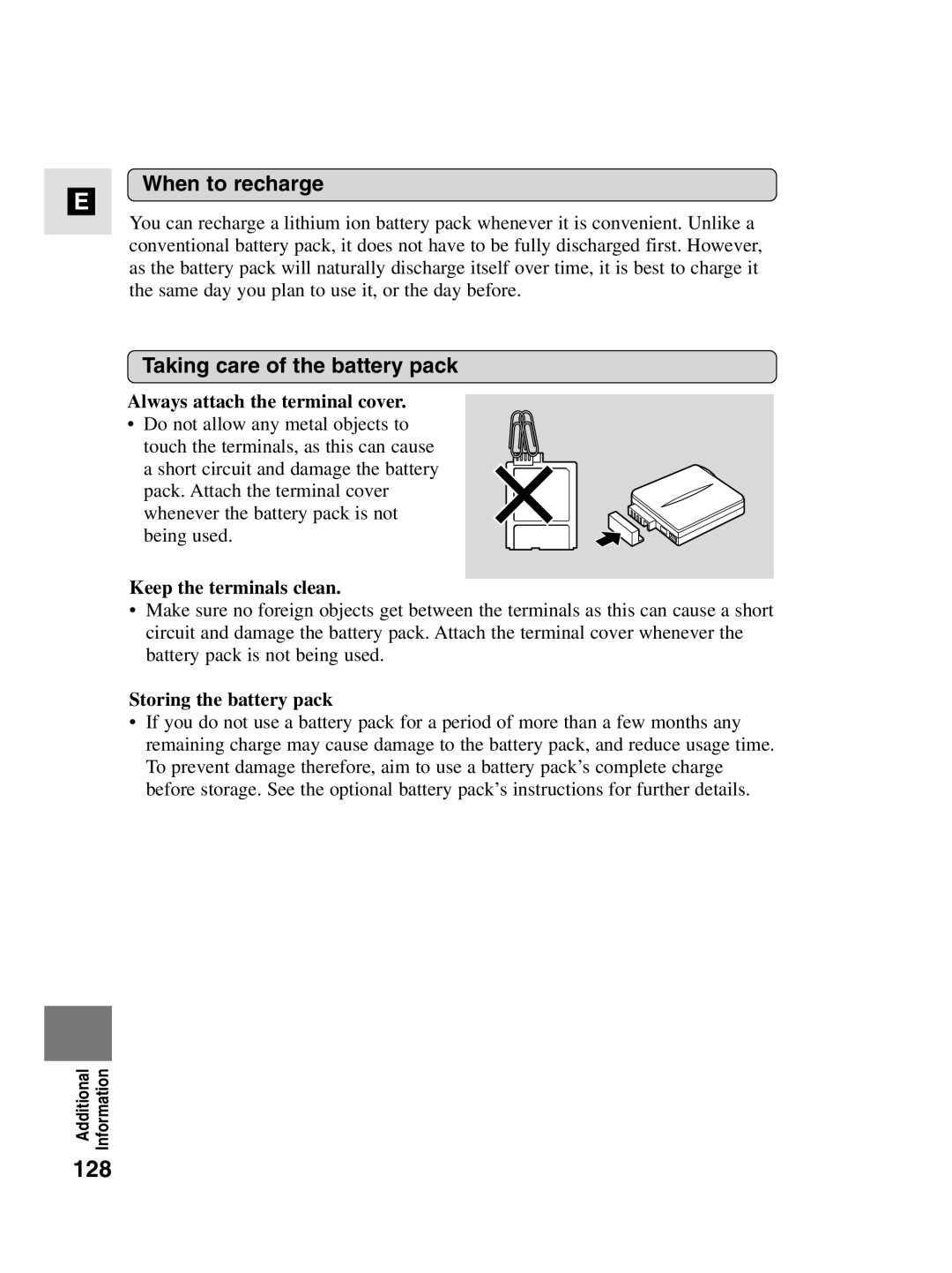 Canon MV4i MC instruction manual 128, When to recharge, Taking care of the battery pack 