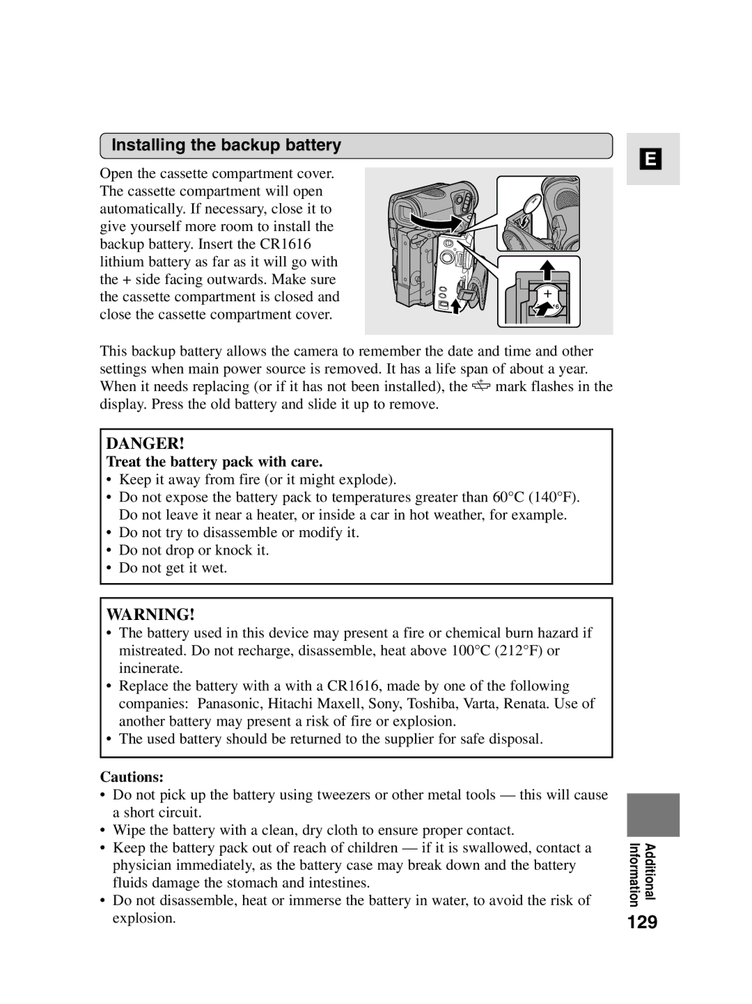 Canon MV4i MC instruction manual 129, Installing the backup battery, Treat the battery pack with care 