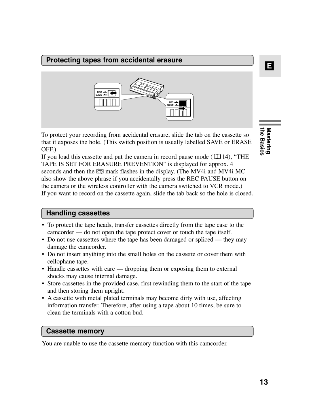 Canon MV4i MC instruction manual Protecting tapes from accidental erasure, Handling cassettes, Cassette memory 