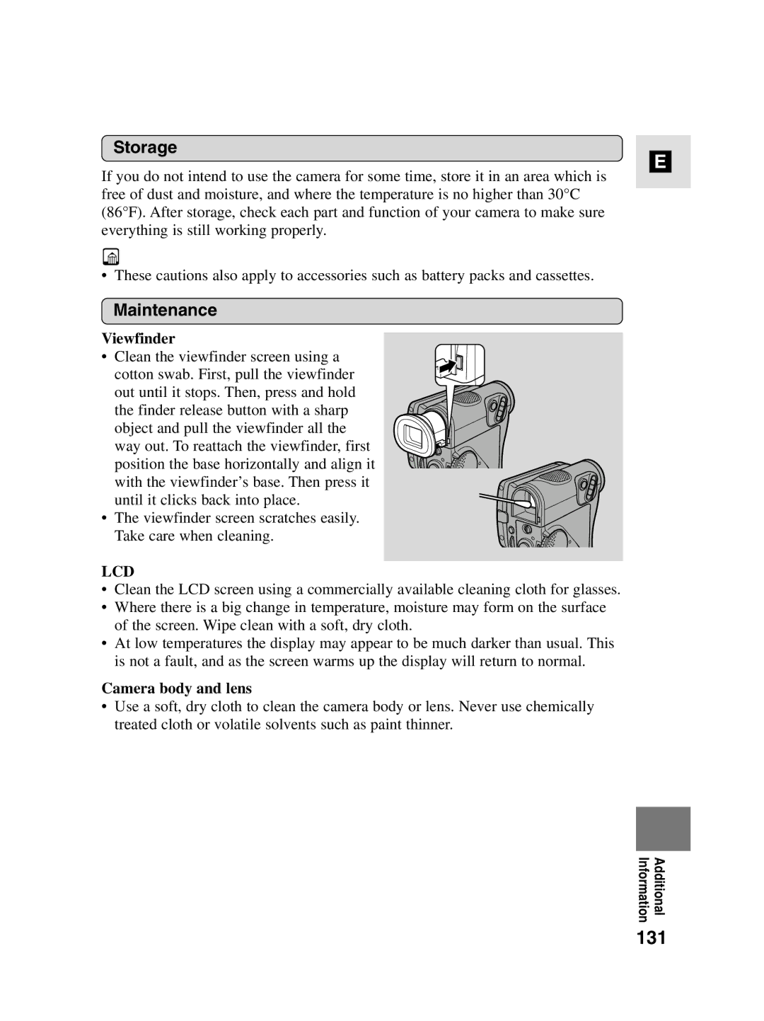 Canon MV4i MC instruction manual 131, Storage, Maintenance, Viewfinder, Camera body and lens 