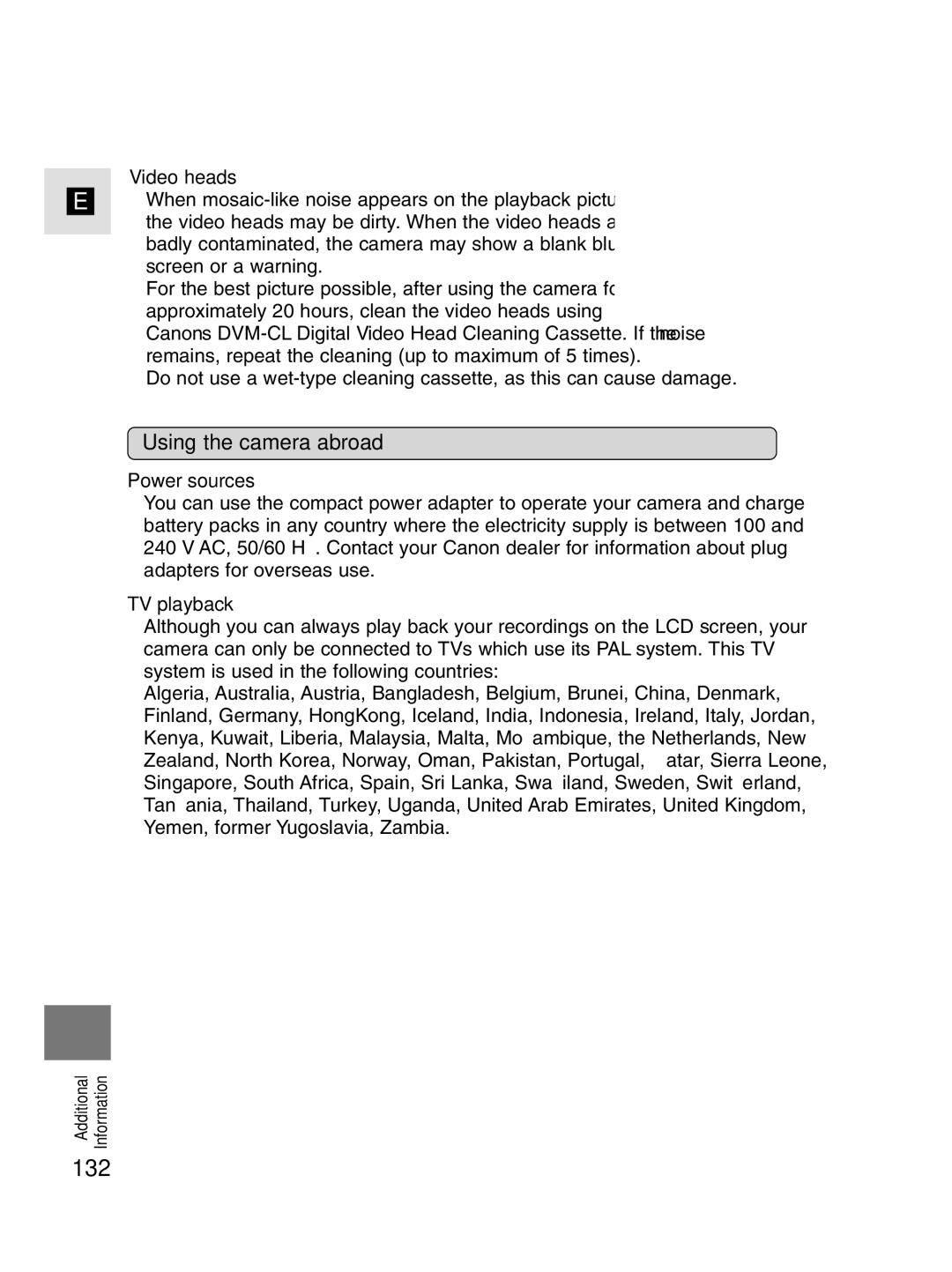 Canon MV4i MC instruction manual 132, Using the camera abroad, Video heads, Power sources, TV playback 