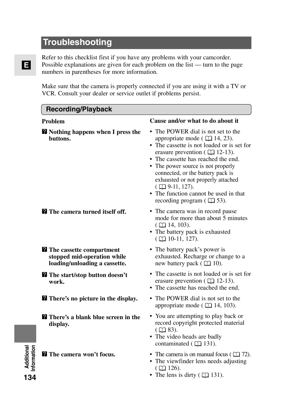 Canon MV4i MC instruction manual Troubleshooting, 134, Recording/Playback 