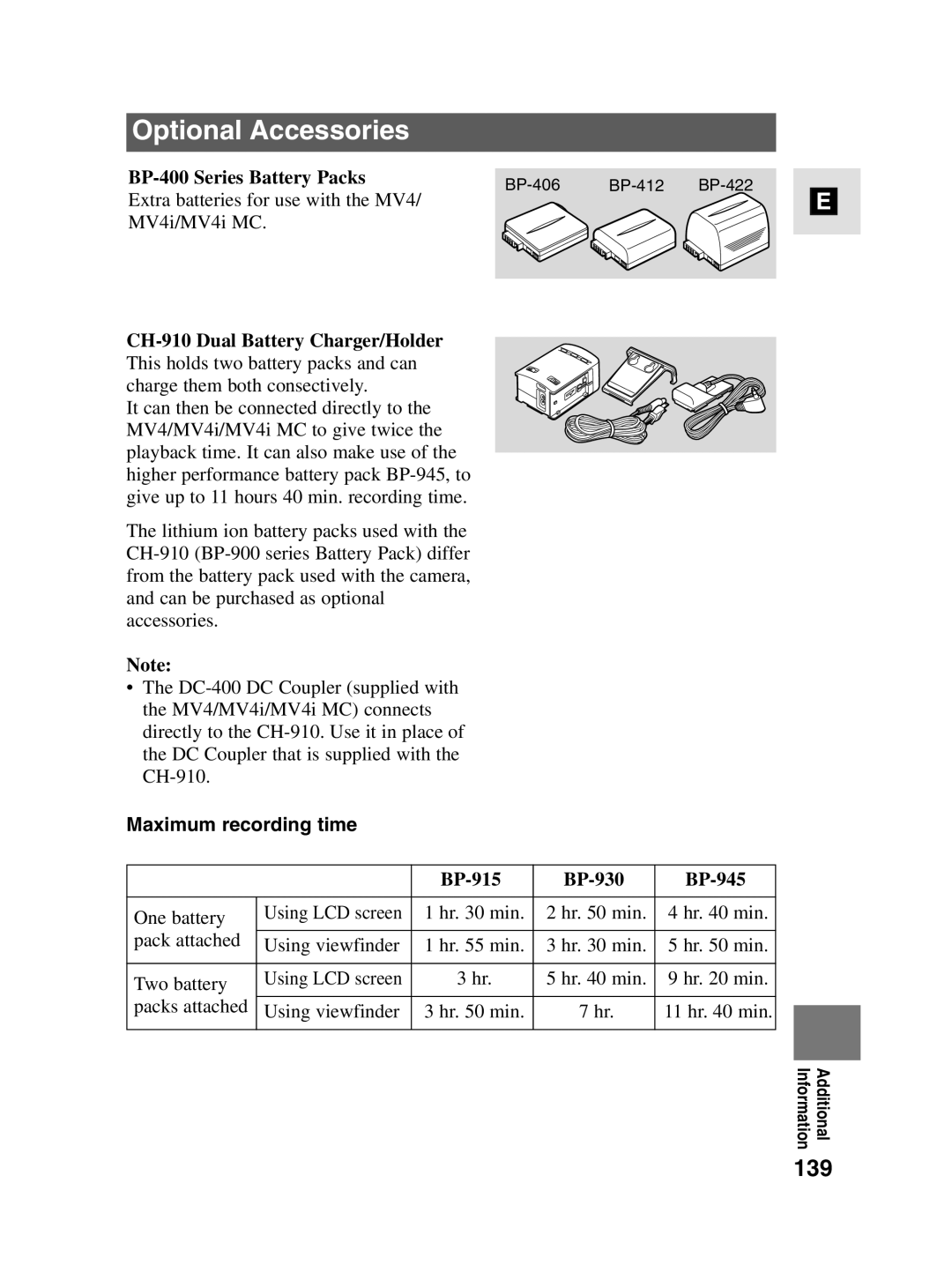 Canon MV4i MC instruction manual Optional Accessories, 139, BP-400 Series Battery Packs, BP-915 BP-930 BP-945 