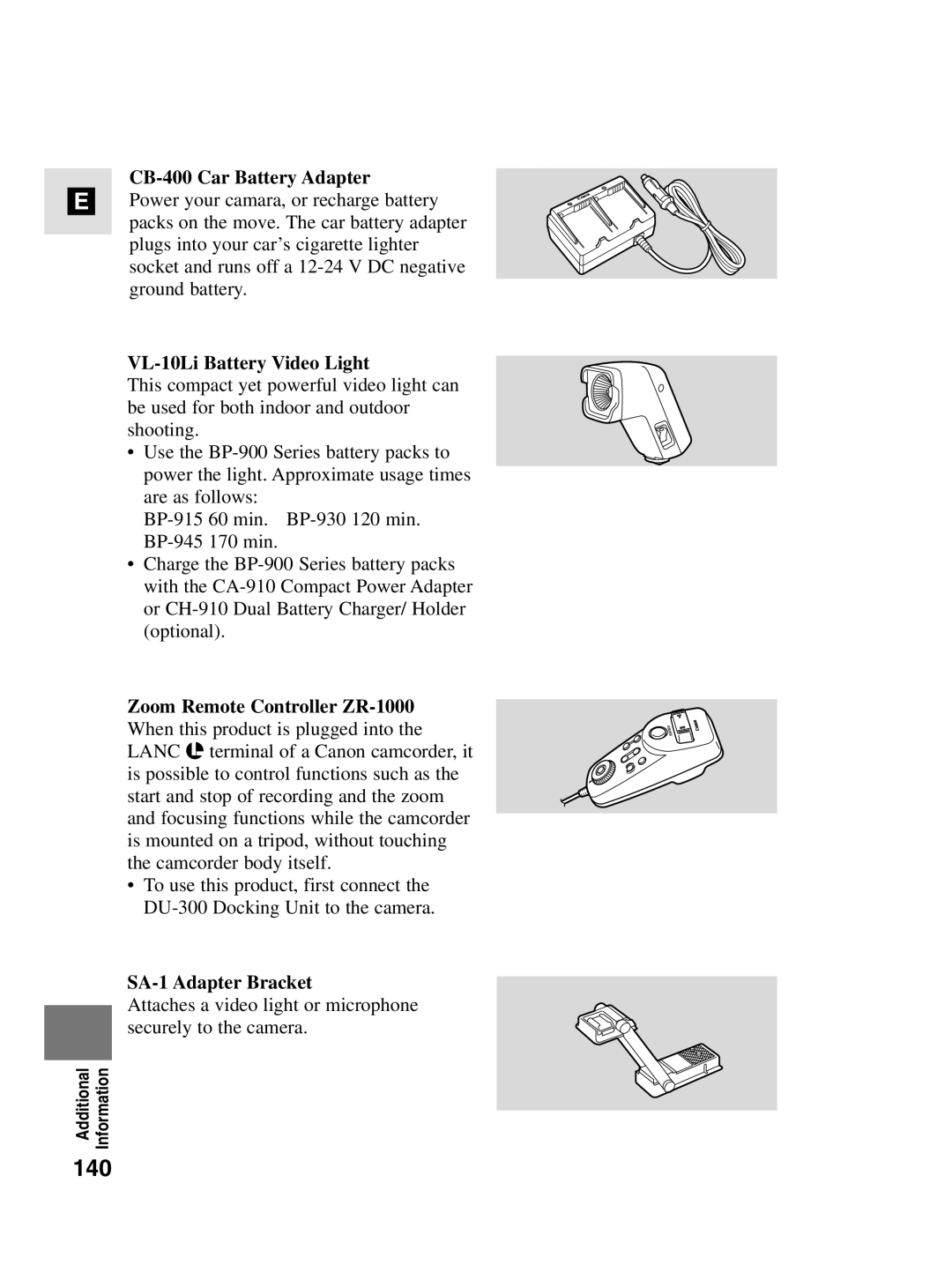 Canon MV4i MC instruction manual 140, CB-400 Car Battery Adapter, VL-10Li Battery Video Light, SA-1 Adapter Bracket 