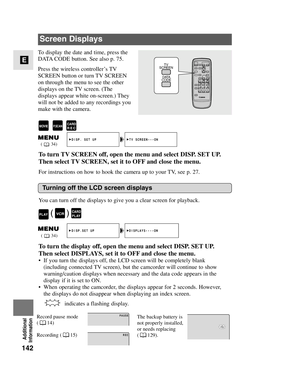 Canon MV4i MC instruction manual Screen Displays, 142, Turning off the LCD screen displays 