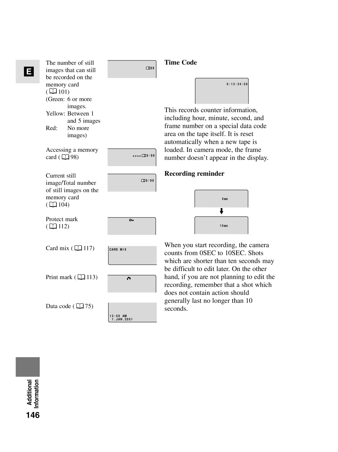 Canon MV4i MC instruction manual 146, Time Code, Recording reminder 