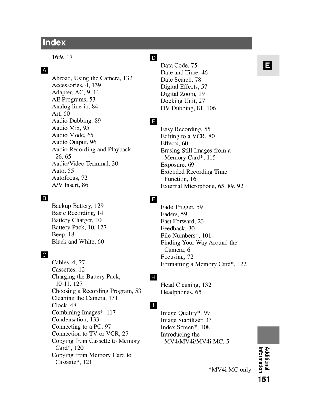 Canon MV4i MC instruction manual Index, 151 