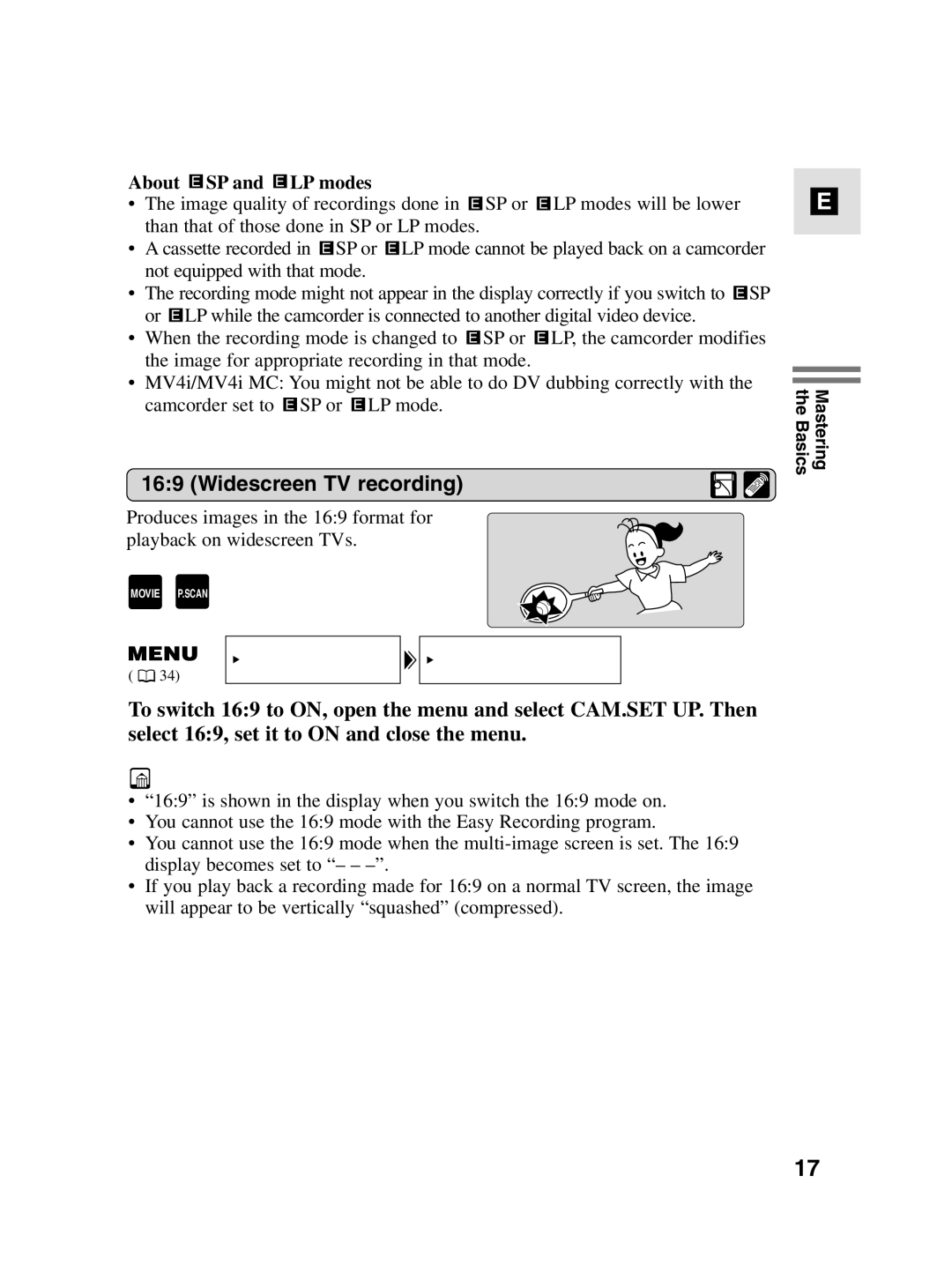 Canon MV4i MC instruction manual Widescreen TV recording, About SP and LP modes 