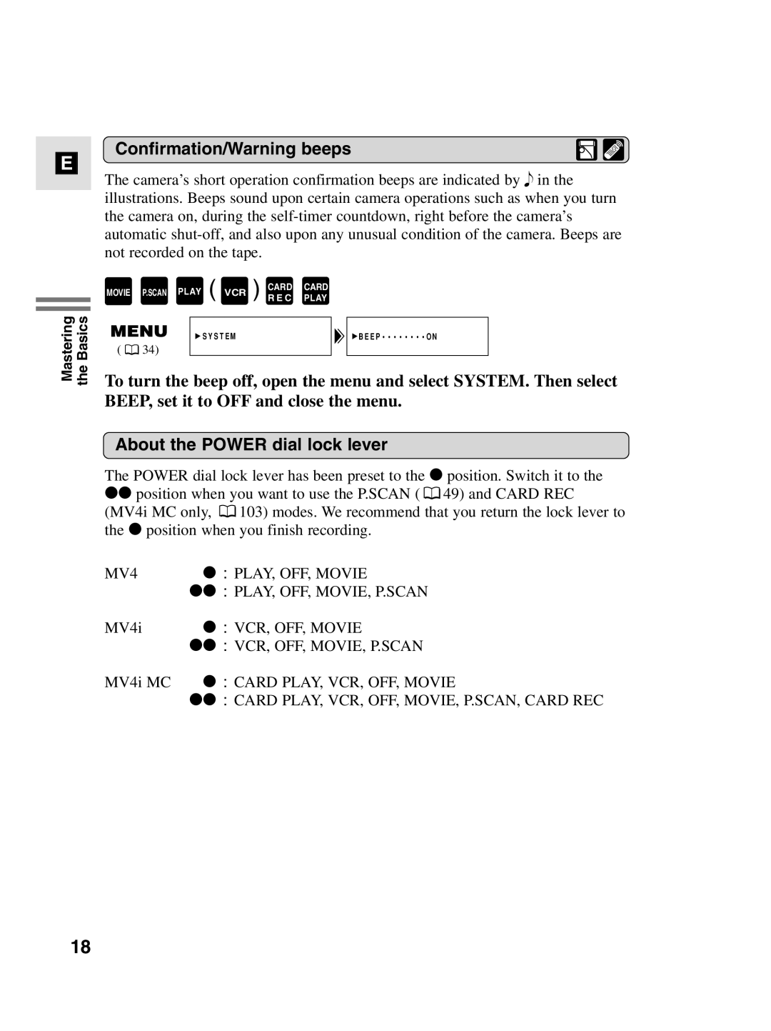 Canon MV4i MC instruction manual Confirmation/Warning beeps, About the Power dial lock lever 