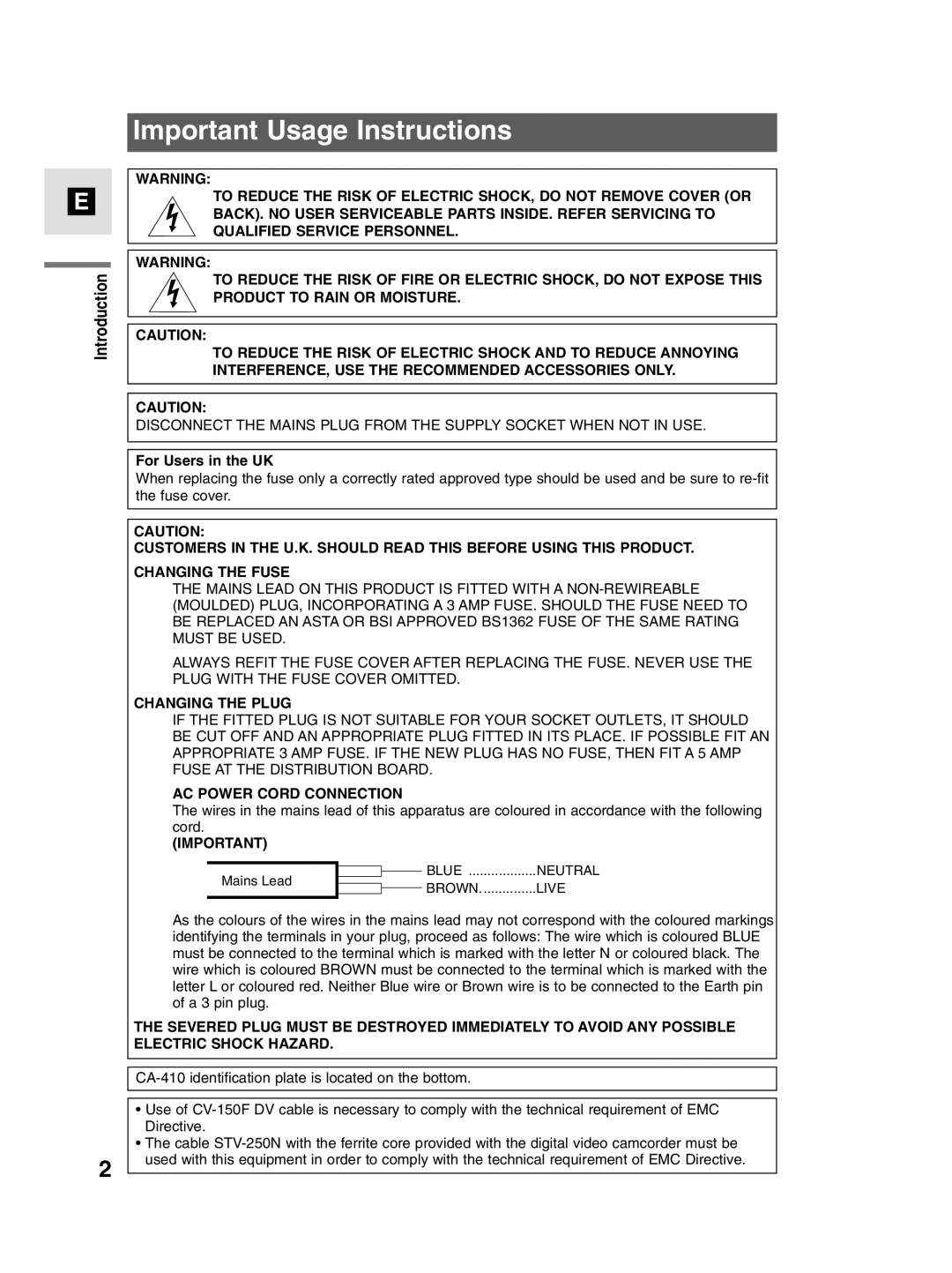 Canon MV4i MC instruction manual Important Usage Instructions, For Users in the UK 