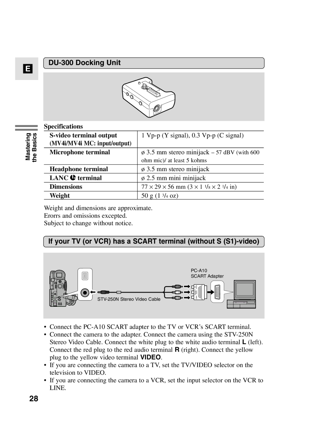 Canon MV4i MC instruction manual DU-300 Docking Unit, If your TV or VCR has a Scart terminal without S S1-video 