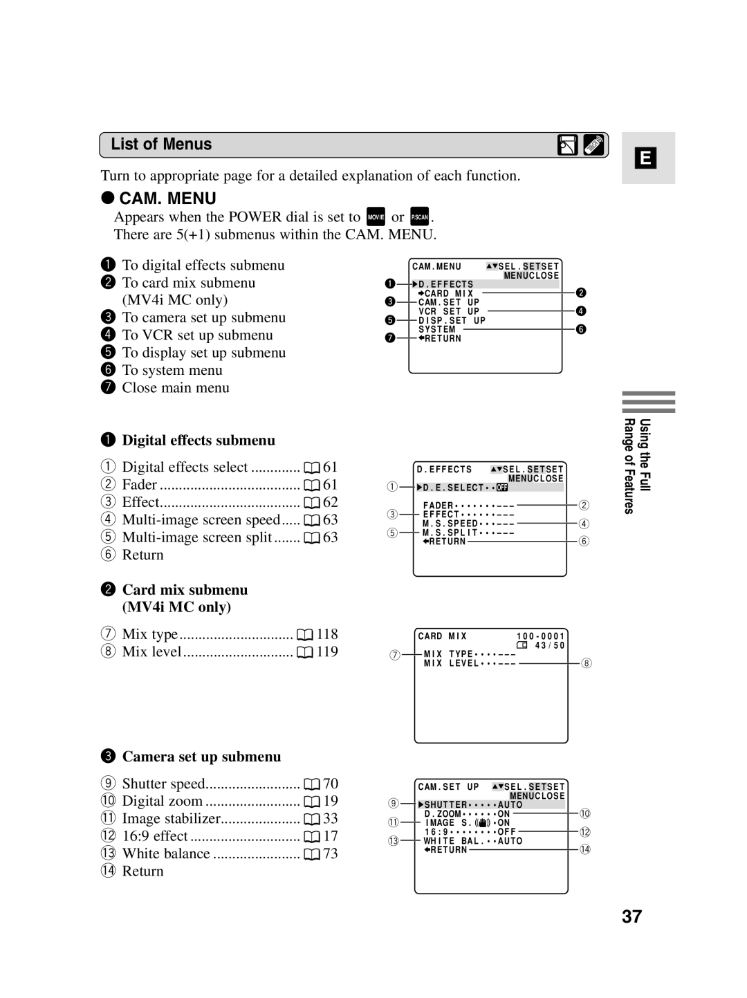 Canon instruction manual List of Menus, Digital effects submenu, Card mix submenu MV4i MC only, Camera set up submenu 