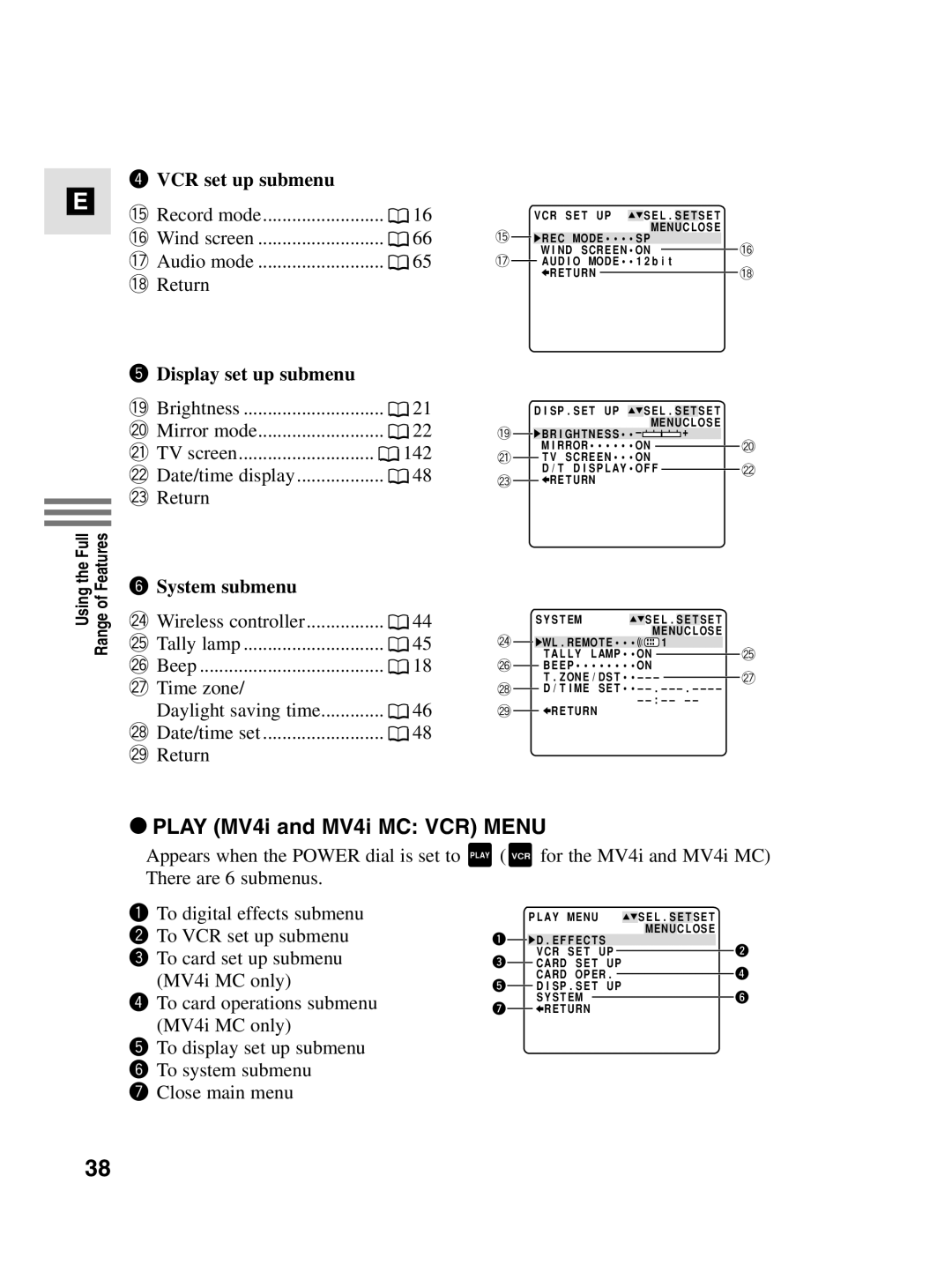 Canon instruction manual Play MV4i and MV4i MC VCR Menu, VCR set up submenu, Display set up submenu, System submenu 