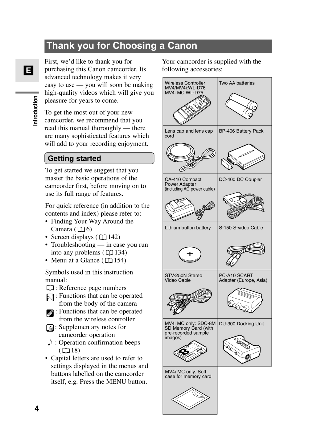 Canon MV4i MC instruction manual Thank you for Choosing a Canon, Getting started 