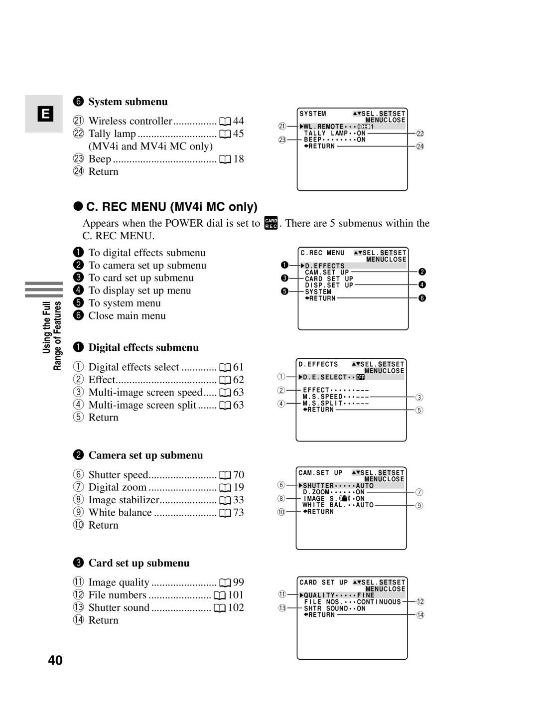 Canon instruction manual REC Menu MV4i MC only, Card set up submenu 