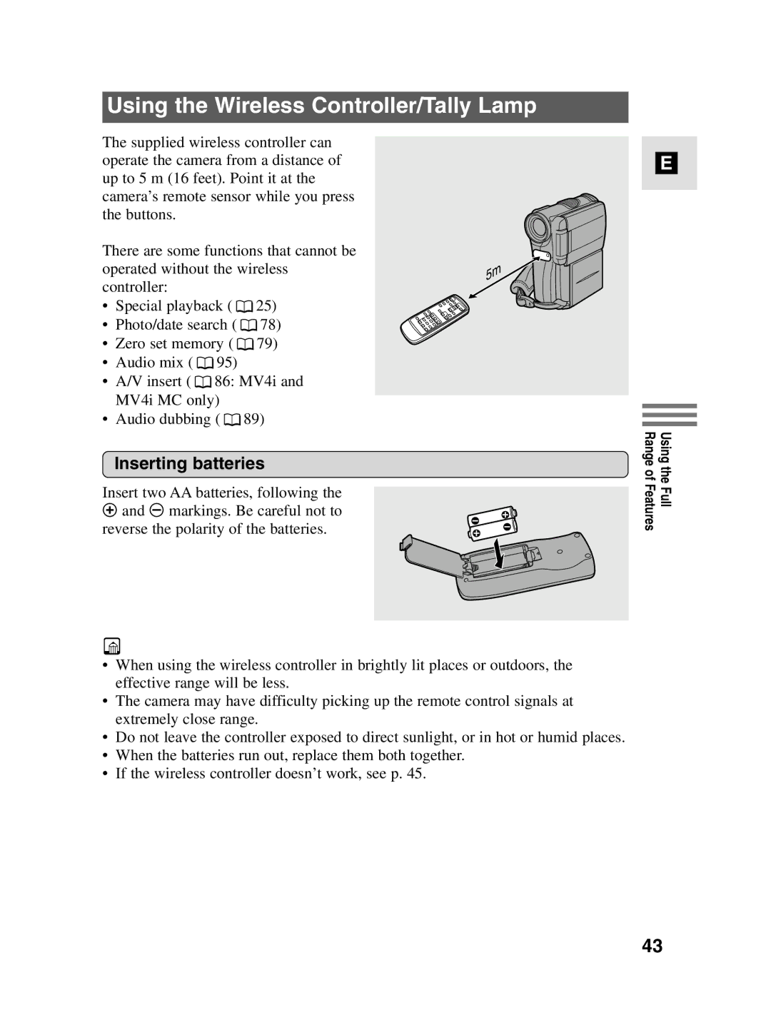 Canon MV4i MC instruction manual Using the Wireless Controller/Tally Lamp, Inserting batteries 