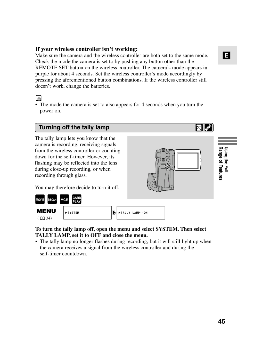 Canon MV4i MC instruction manual If your wireless controller isn’t working, Turning off the tally lamp 