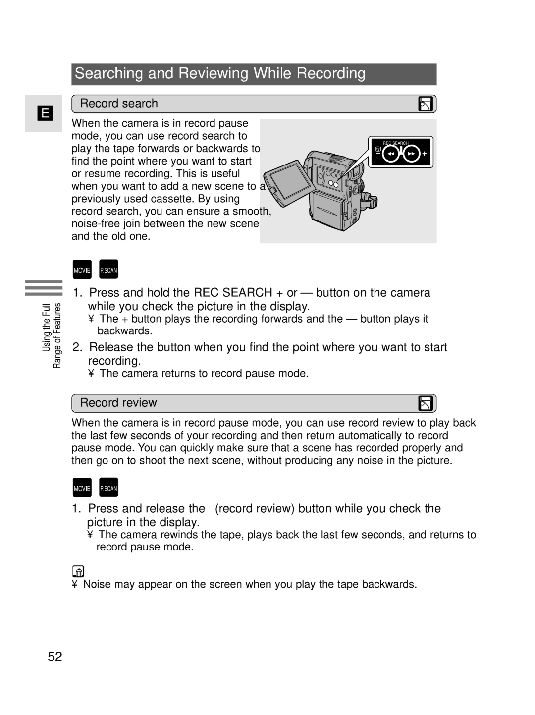 Canon MV4i MC instruction manual Searching and Reviewing While Recording, Record search, Record review 