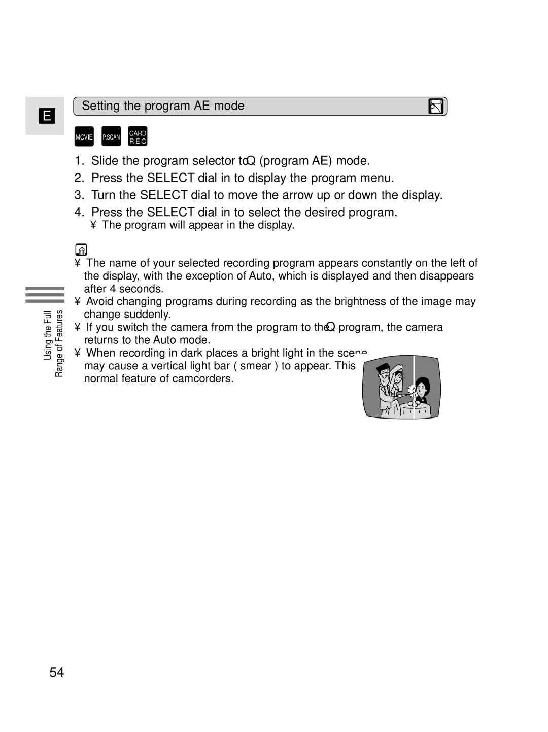 Canon MV4i MC instruction manual Setting the program AE mode 