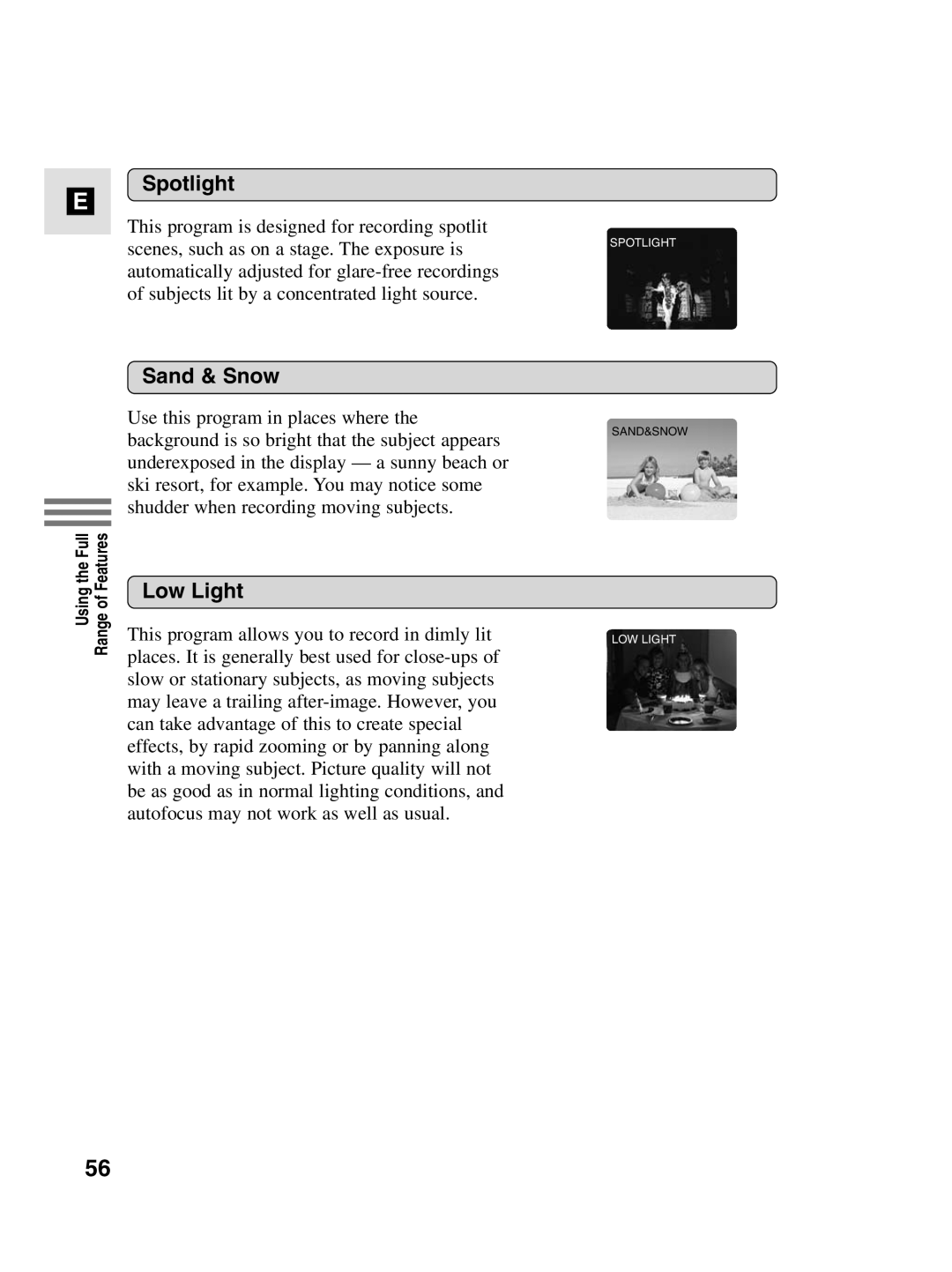 Canon MV4i MC instruction manual Spotlight, Sand & Snow, Low Light 