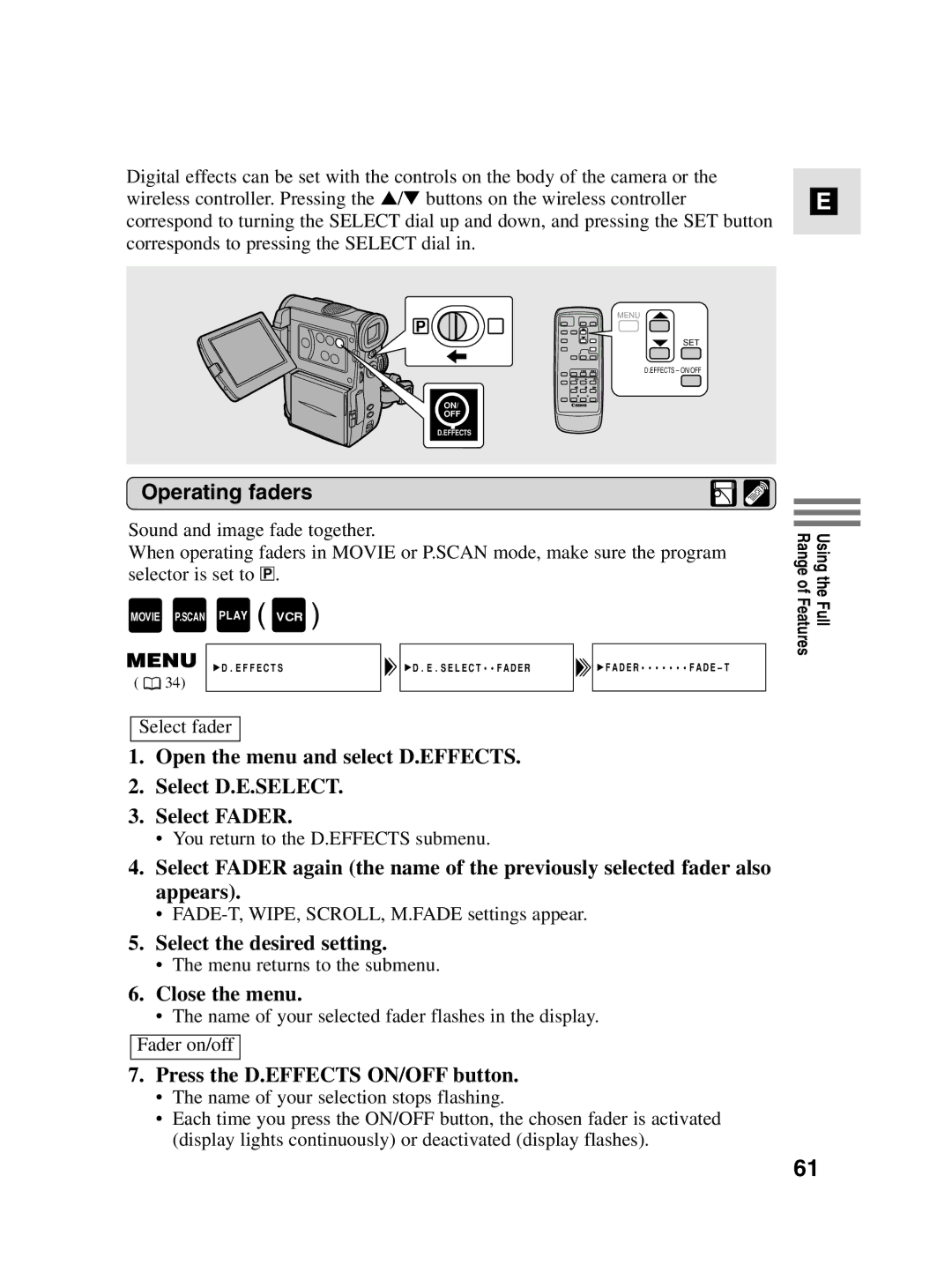 Canon MV4i MC instruction manual Operating faders, Select the desired setting, Press the D.EFFECTS ON/OFF button 