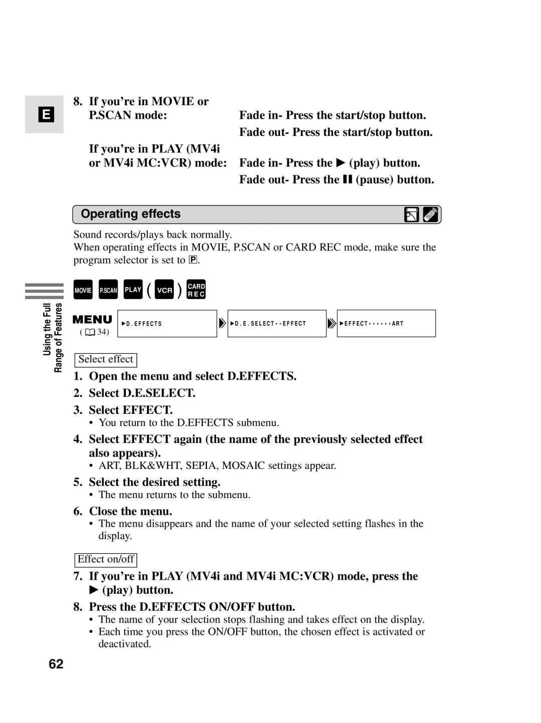 Canon MV4i MC instruction manual Operating effects 