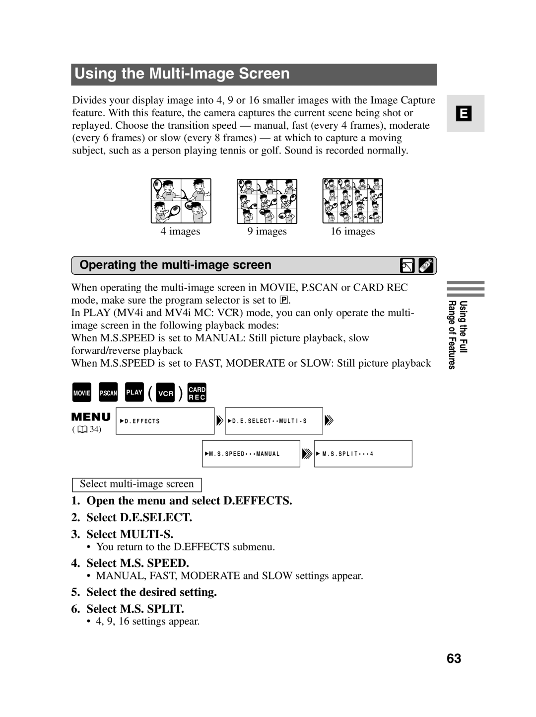 Canon MV4i MC instruction manual Using the Multi-Image Screen, Operating the multi-image screen, Select M.S. Speed 