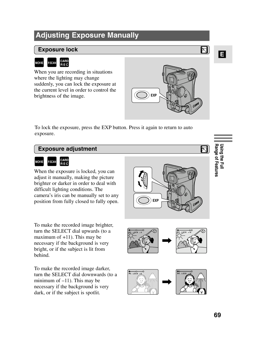 Canon MV4i MC instruction manual Adjusting Exposure Manually, Exposure lock, Exposure adjustment 