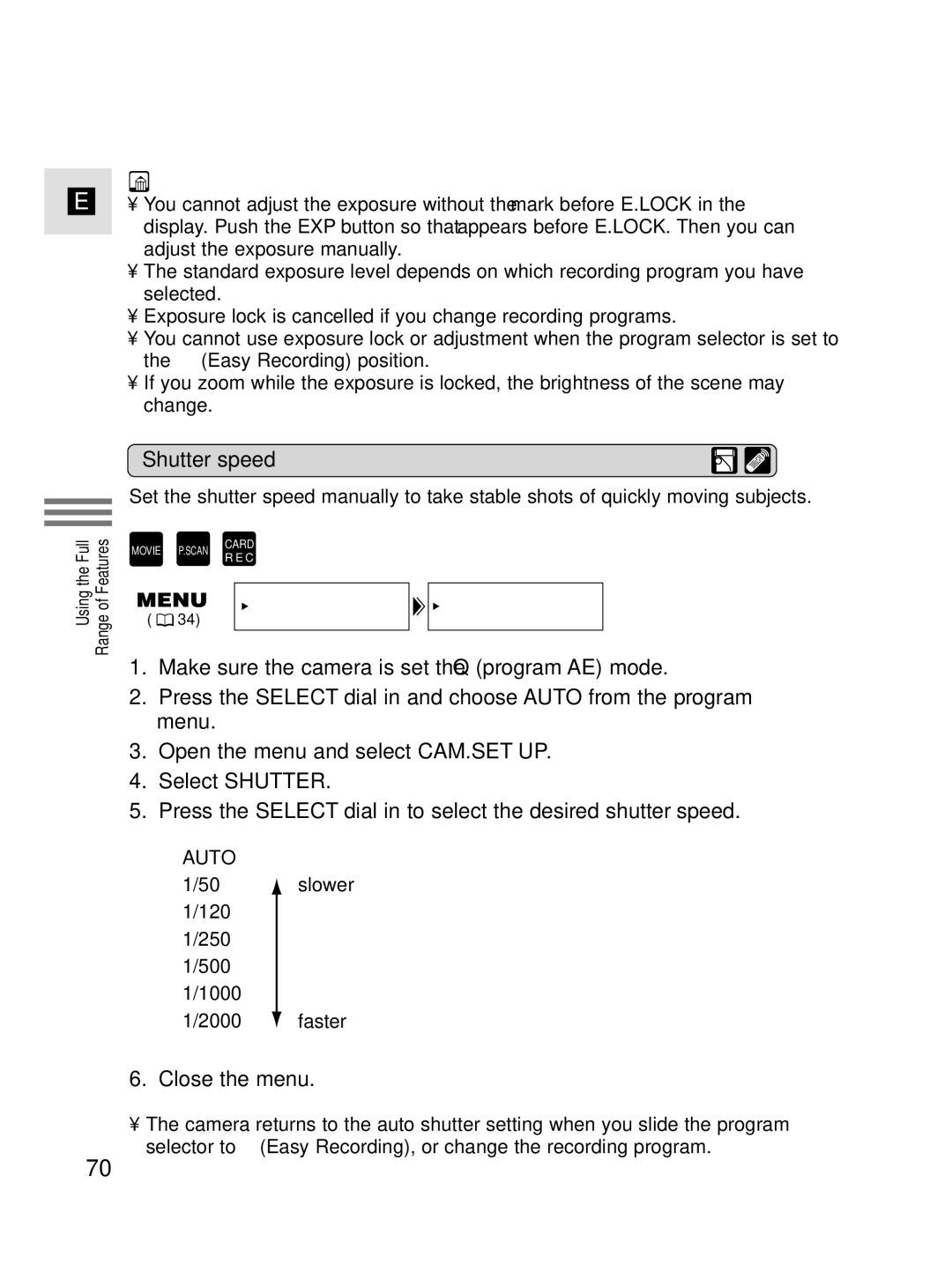 Canon MV4i MC instruction manual Shutter speed, Close the menu 