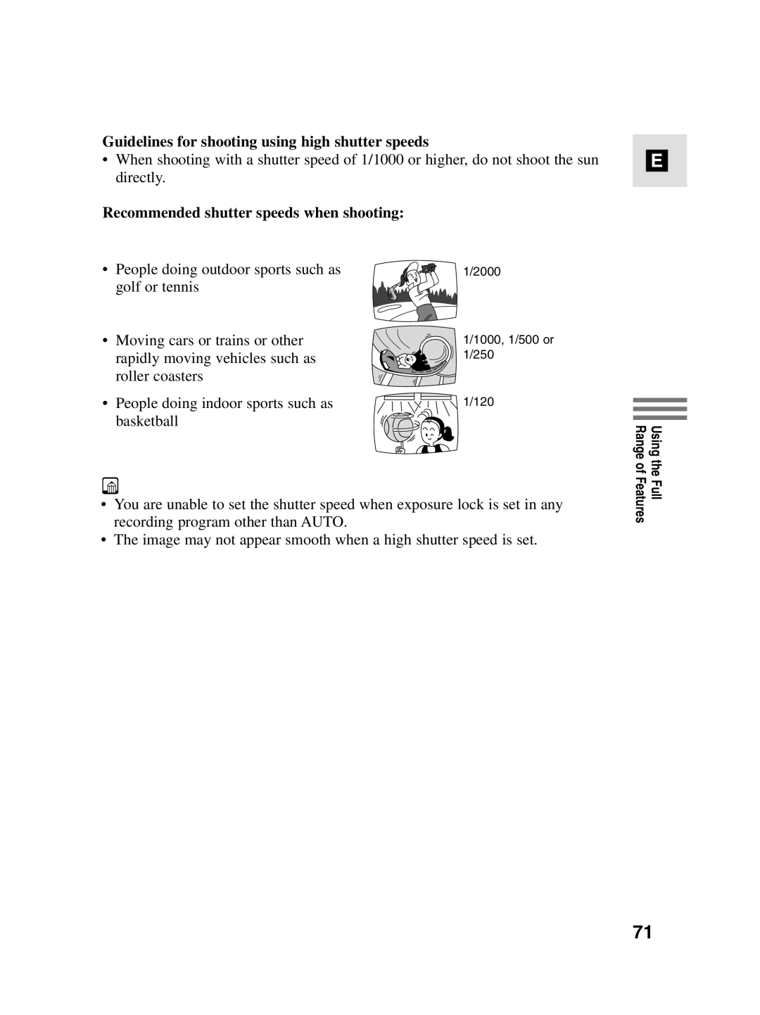 Canon MV4i MC Guidelines for shooting using high shutter speeds, Recommended shutter speeds when shooting 