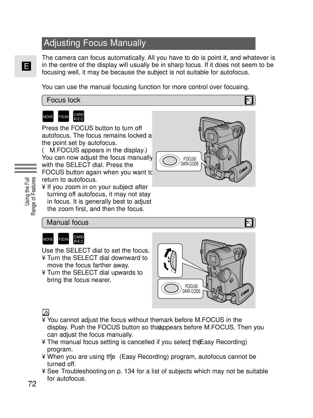 Canon MV4i MC instruction manual Adjusting Focus Manually, Focus lock, Manual focus 