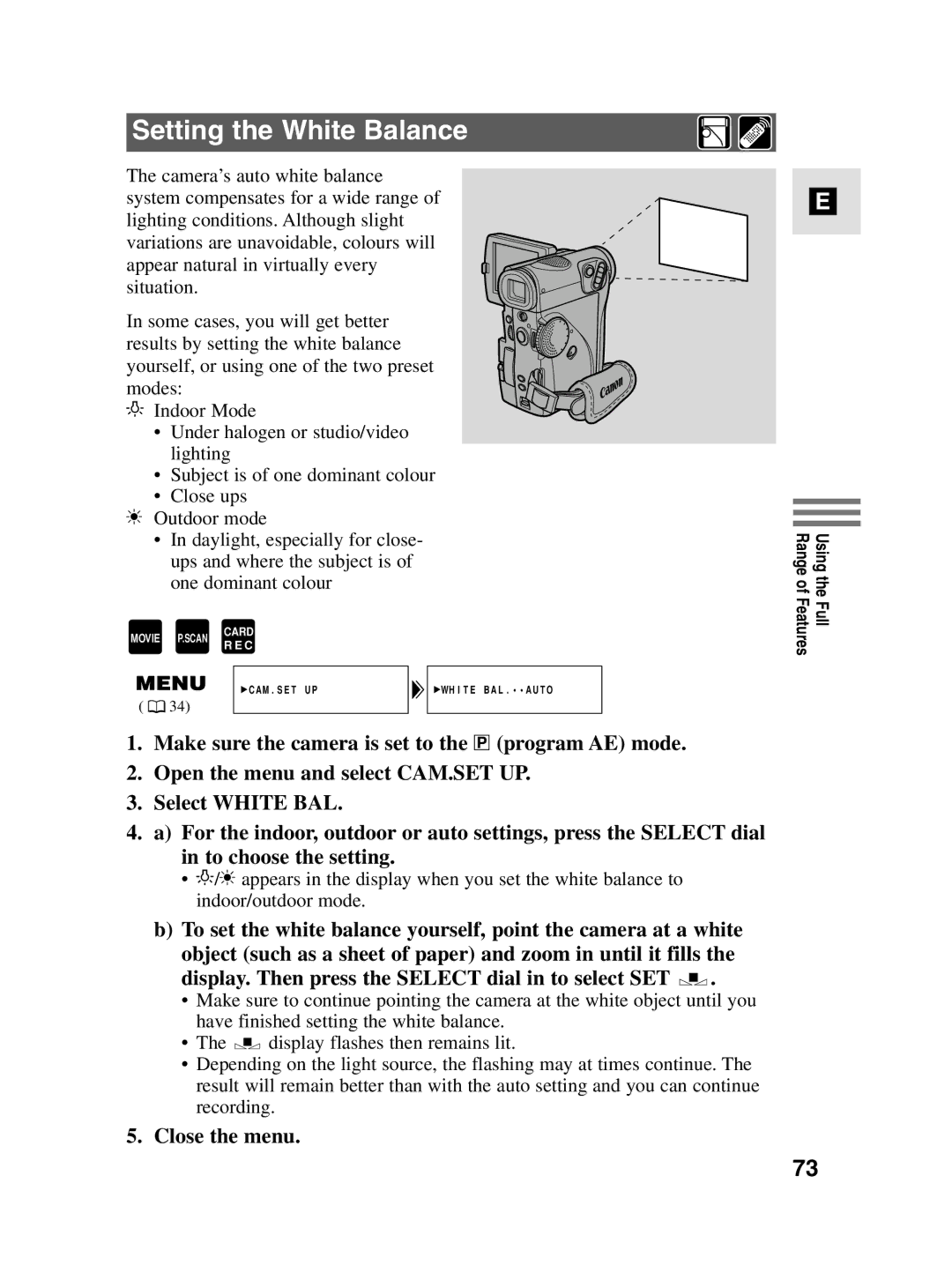 Canon MV4i MC instruction manual Setting the White Balance, Close the menu 