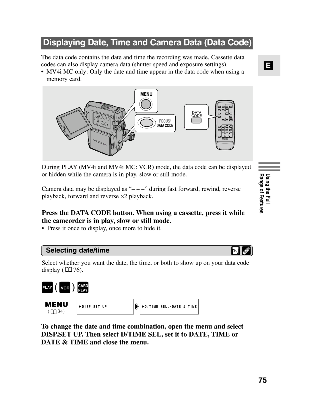 Canon MV4i MC instruction manual Displaying Date, Time and Camera Data Data Code, Selecting date/time 