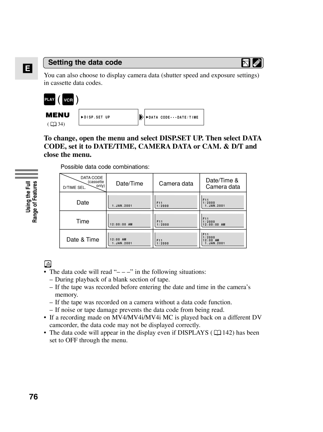 Canon MV4i MC instruction manual Setting the data code, Date/Time Camera data 