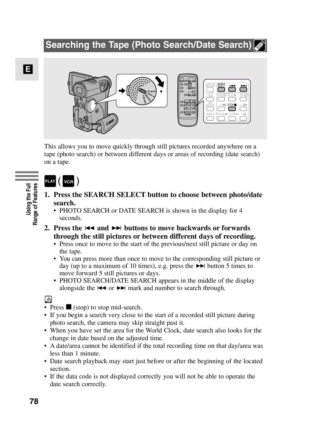 Canon MV4i MC instruction manual Searching the Tape Photo Search/Date Search 