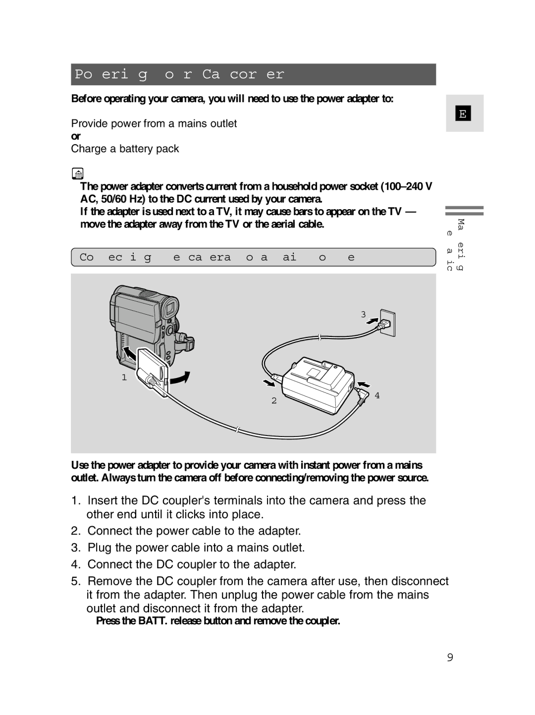 Canon MV4i MC instruction manual Powering Your Camcorder, Connecting the camera to a mains outlet 