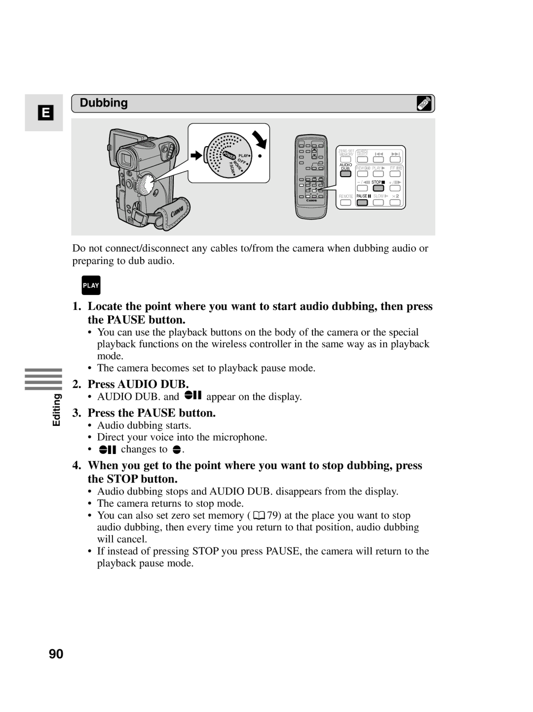 Canon MV4i MC instruction manual Dubbing, Press Audio DUB 