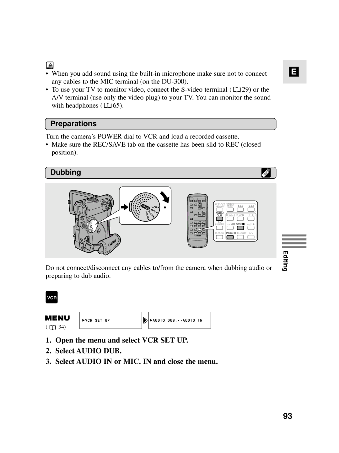 Canon MV4i MC instruction manual VCR SET UP Audio DUB.AUDIO 