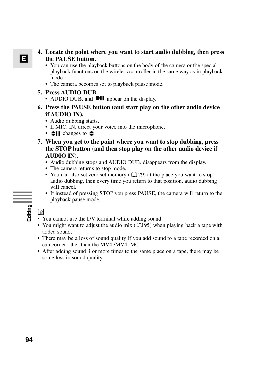 Canon MV4i MC instruction manual Press Audio DUB 