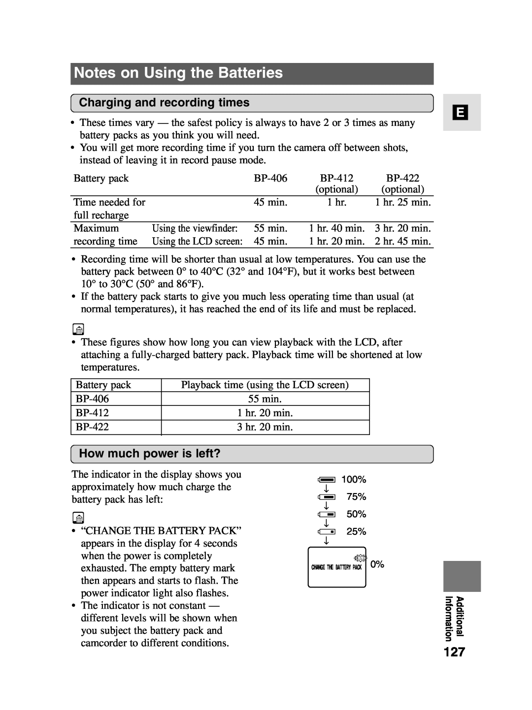 Canon MV4i MC instruction manual Notes on Using the Batteries, Charging and recording times, How much power is left? 