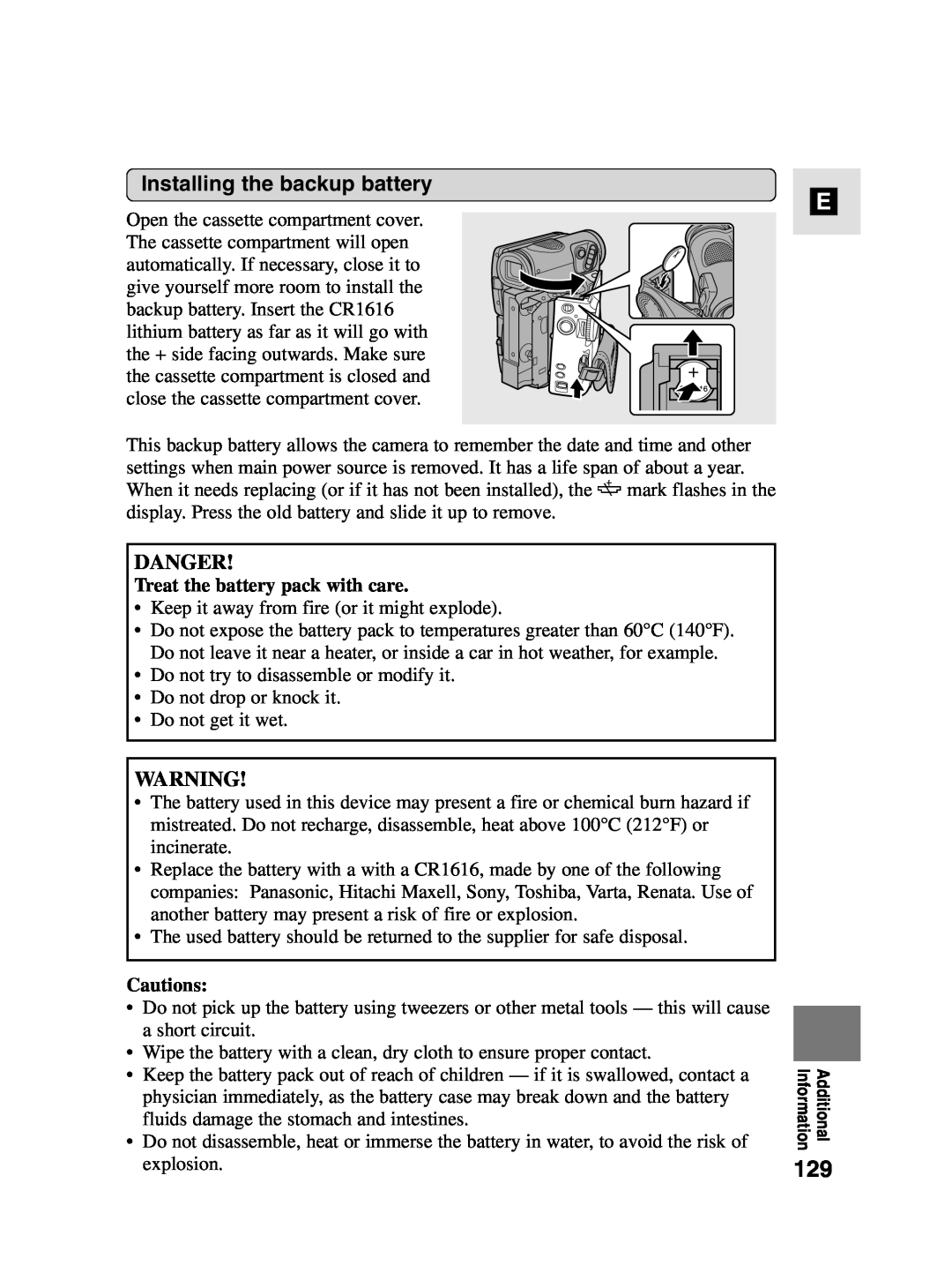 Canon MV4i MC instruction manual Danger, Installing the backup battery, Treat the battery pack with care, Cautions 